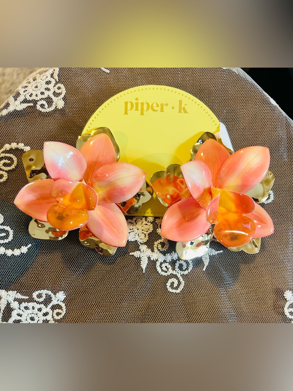 Piper K Hawaiian Flower Earrings Coral & Gold Large NWT